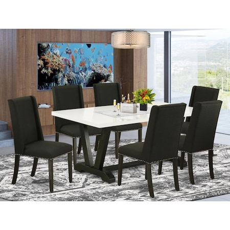 East West Furniture 7 Piece V-Style Dining Room Table Set - Black V626FL624-7
